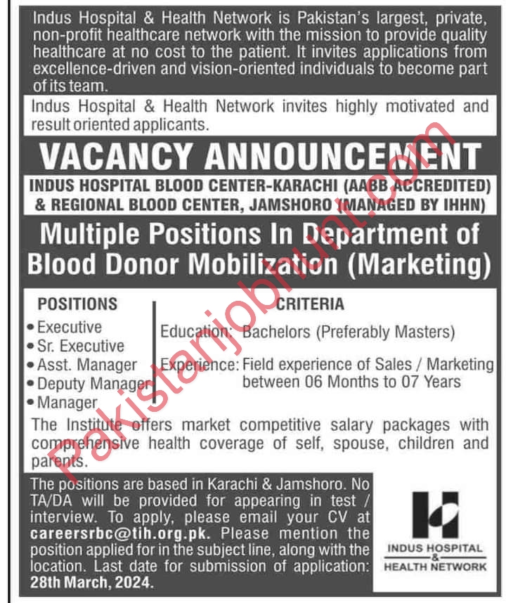 Marketing Jobs at Indus Hospital. Indus Hospital karachi jobs