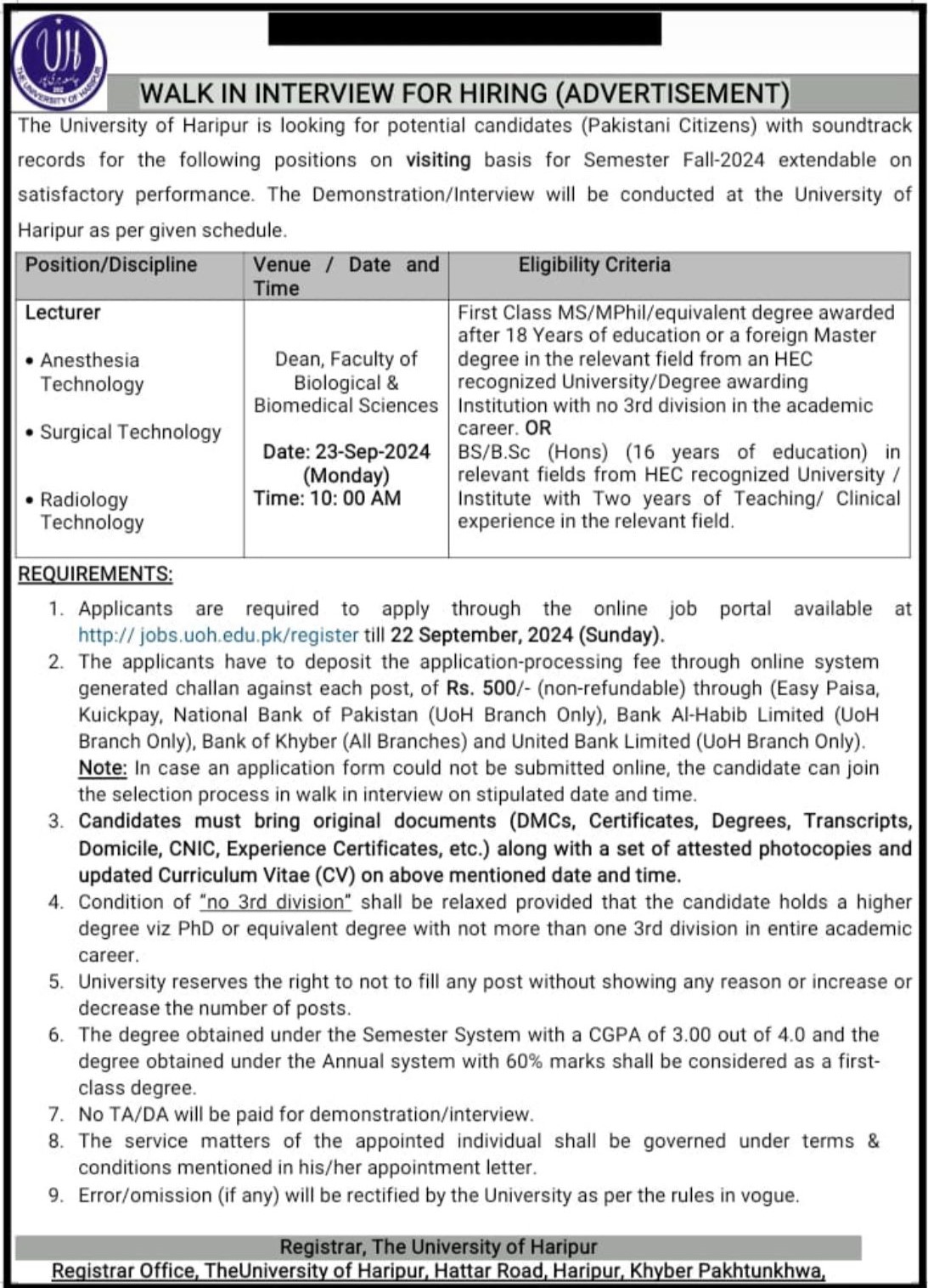 University of Haripur Jobs 2024